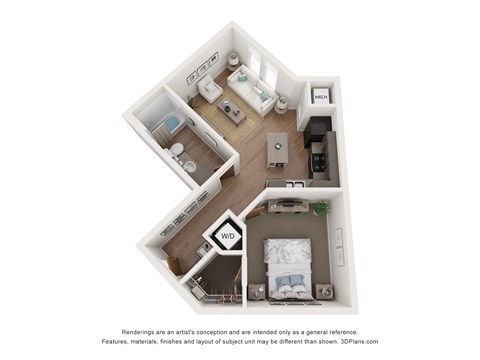 Floor plan for 1 bed, 1 bath, 573 sqft